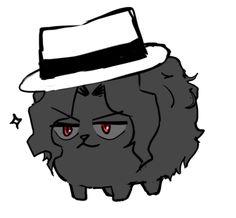 a drawing of a cat with a hat on it's head and red eyes