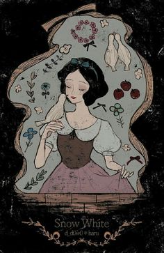 snow white is sitting in front of a mirror with flowers and leaves around her neck