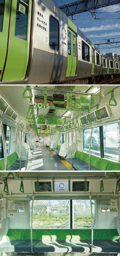 the inside of a subway car with green grass on the floor and in the windows