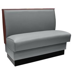 a gray and black bench with wood trim around the armrests on an isolated white background