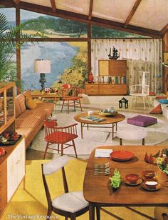 a living room filled with lots of furniture and decorating items on top of a wooden table