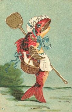 an illustration of a fish holding a basket and spatula