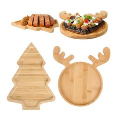 wooden cutting boards with different types of food on them