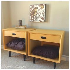 two yellow nightstands sitting next to each other on top of a carpeted floor