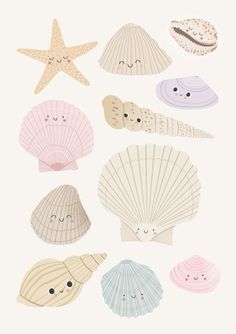 seashells and starfish with faces drawn in pastel colors on white background