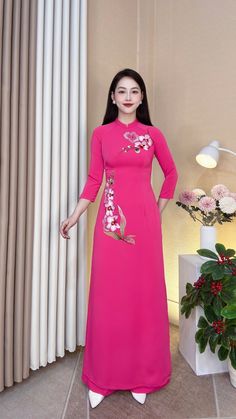 Vietnamese Ao Dai with sharp 3D printed motifs on silk fabric. Slim and lightweight design enhances the female figure. High quality silk material, slight stretch, very light and comfortable to wear. Full Length Floral Embroidered Dress, Pink Floral Print Ao Dai For Spring, Traditional Ao Dai With Floral Print, Spring Pink Ao Dai With Floral Print, Spring Wedding Full-length Ao Dai, Pink Fitted Long Ao Dai, Pink Fitted Long Sleeve Ao Dai, Luxury Floor-length Women's Ao Dai, Vietnamese Ao Dai