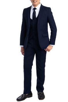 A modern take on a classic suit by Perry Ellis, this 5-piece solid suit is great for your little buddy's next event. A perfect blend of elegance, style and comfort. 5-piece set. Includes: Jacket, pants, vest, dress shirt, and tie. Imported Junior Groomsmen, Suit Clothes, Vest And Tie, Navy Suit, Navy Jacket, Classic Suit, Suit Style, Perry Ellis