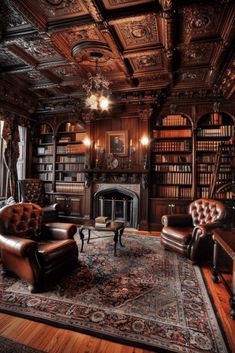 an old fashioned library with leather chairs and bookshelves in the middle of it