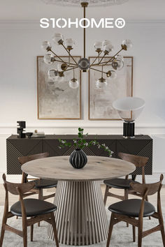 a dining room table with four chairs and a chandelier hanging from the ceiling