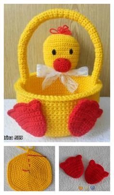 a crocheted basket with a yellow ducky in it and hearts on the bottom