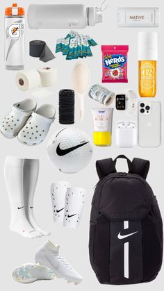 the contents of a backpack and shoes are arranged on a white background, including toiletries