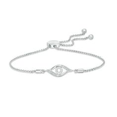 Beautifully designed, this diamond evil eye bolo bracelet brings shimmer and protection to the woman you love. Crafted in sterling silver, this twist style sparkles with diamonds. Radiant with 1/15 ct. t.w. of diamonds and a brilliant buffed luster, this easy-on wheat chain bracelet adjusts up to 9.0 inches in length and secures with a bolo clasp and ball ends. Modern Sterling Silver Diamond Bracelet, Adjustable, Elegant Silver Bracelets With Diamond Eyes, Modern Adjustable Sterling Silver Diamond Bracelet, Adjustable Diamond White Bracelet Fine Jewelry, Adjustable Diamond White Bracelets In Fine Jewelry Style, Adjustable Diamond White Bracelet In Fine Jewelry Style, Modern Adjustable Silver Diamond Bracelet, Adjustable White Gold Sterling Silver Diamond Bracelet, Adjustable Evil Eye Jewelry In Cubic Zirconia