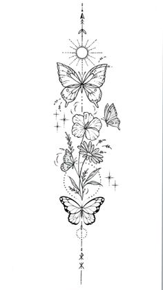 a black and white drawing of flowers with butterflies on the stems in front of them