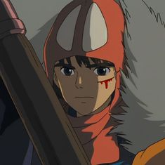 an anime character wearing a helmet and holding a large wooden stick with blood on it