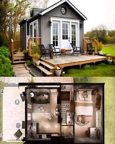 two pictures showing the inside and outside of a tiny house with porches, patios, and decking