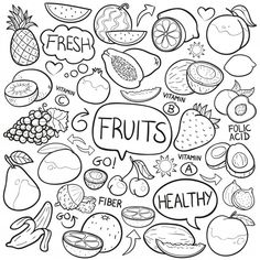 fruits and vegetables with speech bubbles in black and white coloring book page - stock photo