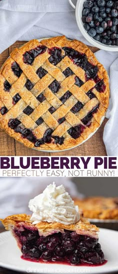 blueberry pie with whipped cream on top and in the background is an image of a pie