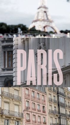 the eiffel tower in paris, france is seen through some buildings with pink lettering