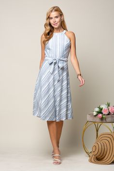 Women’s Striped Halter Dress. Perfect dress for Easter. Great dress for spring. Women’s spring halter dress. Women’s Easter dress inspiration. Quite Simply Grand Striped Halter Neck Sundress, Spring Striped Halter Dress, Summer Midi Dress With Vertical Stripes, Chevron Outfit, Halter Neck Dress, Spring Women