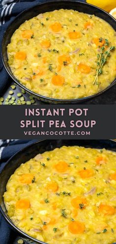 instant pot split pea soup with carrots and herbs in two black pans on a blue towel