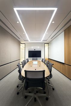 an empty conference room with chairs and a projection screen