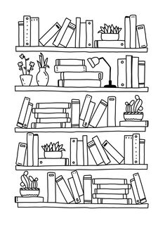 a black and white line drawing of bookshelves with plants on each bookcase