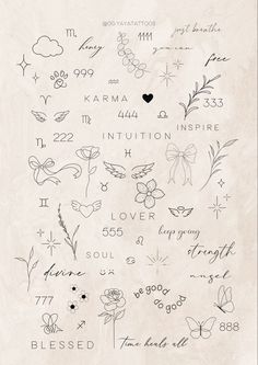 the back side of a sheet of paper with writing on it and flowers, butterflies, hearts