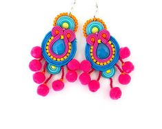 Etsy :: Your place to buy and sell all things handmade Mod Flowers, Colorful Boho Fashion, Pride Earrings, Long Statement Earrings, Geometric Statement Earrings, Pom Pom Earrings, Festival Earrings, Turquoise Earrings Dangle, Plastic Earrings