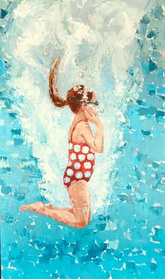 a painting of a woman swimming in the water with her arms out to catch a frisbee