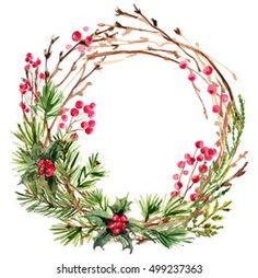 watercolor christmas wreath with branches and berries