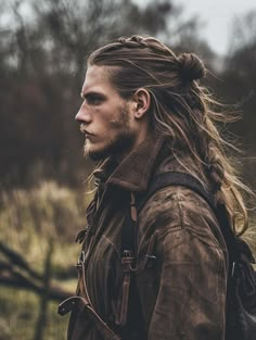 Discover 30 Bold Viking Hairstyles for Men: From Braided Classics to Modern Undercut Inspirations Viking Man Bun, Rugged Style For Men, Viking Hair Men, Wavy Long Hair Men, Long Hairstyle Men, Men Haircut Long, Viking Beard Styles