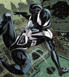 a black and white spider - man leaps into the air