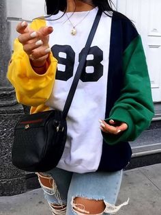 Lovely Casual O Neck Print Patchwork Yellow HoodieLW | Fashion Online For Women | Affordable Women's Clothing | LovelyWholesale - LovelyWholesale.com Letter Print Sweatshirt, Loose Outfit, Round Neck Tops, Patchwork Designs, Crew Neck Top, White Casual, Plus Size Casual, Casual Sweatshirt, Top Casual