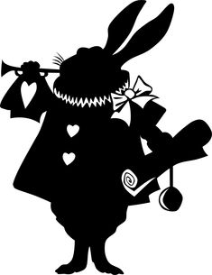 a black and white silhouette of a rabbit with a trumpet in it's hand