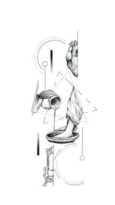 a black and white drawing of a person pouring something into a bowl with the letter p on it