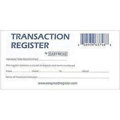 a white receipt with the word transaction register on it's front and back side