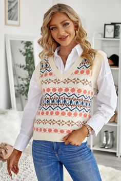 White Tribal Print V Neck Knitted Sweater Vest Ärmelloser Pullover, Chaleco Casual, Winter Knit Sweater, Evening Dresses Plus Size, Sweater Vest Women, Casual Vest, Sport Style, Vest White, Sleeveless Sweater