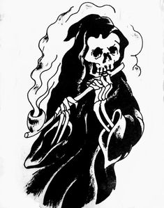 a black and white drawing of a woman with long hair holding a skull in her hand