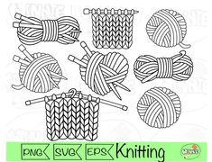 six balls of yarn and knitting needles in black and white, on a green background