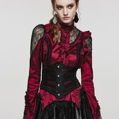 Shop now and  discover timeless elegance with our gothic victorian lace and satin blouse. crafted with intricate lace and luxurious satin, this blouse features exquisite ruffled details that add a touch of romance to your wardrobe. perfect for special occasions or adding a touch of gothic charm to your everyday style. Printed Corset, Gothic Pants, Punk Dress, Mesh Corset, Grunge Dress, Gothic Corset, Garment Fabric, Victorian Lace, Corset Belt