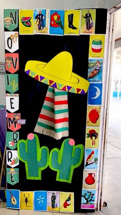 a bulletin board with pictures and words on it that include an image of a man in a sombrero