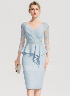 [AU$216.00] Sheath/Column V-neck Knee-Length Stretch Crepe Cocktail Dress With Appliques Lace Cascading Ruffles Afrikaanse Mode, Satin Cocktail Dress, Blue Party Dress, Lace Dress With Sleeves, Applique Dress, Cocktail Dress Lace, Trendy Dresses, Lace Sleeves, Model Dress