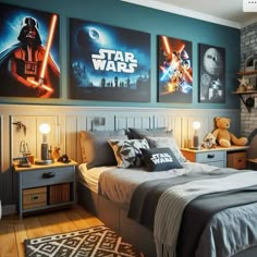 a bedroom with star wars posters on the wall