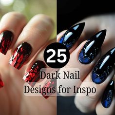 See how you can express your inner dark child with beautiful nail designs. Black nails. Blue nails. Red nails. Nail trends. Textured nails. Trendy nails. Splatter nail designs. #NailArt #DarkNailDesigns Dark Nails With Design, Gothic Fall Nails, Nail Designs Goth, Gothic Nails Designs, Gothic Acrylic Nail Designs, Revenge Nails, Gothic Blue Nails, Biker Nails, Acrylic Nail Gothic Designs