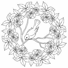 a black and white drawing of flowers with a bird in the middle