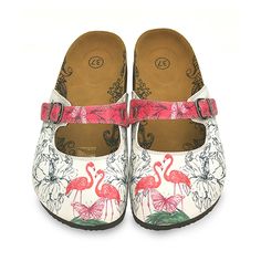 White & Pink Flamingo Clogs Spring Non-slip Slip-on Mules, Spring Non-slip Flat Heel Clogs, White Spring Clogs With Flat Heel, White Flat Heel Clogs For Spring, Spring Slip-on Non-slip Clogs, Spring Non-slip Slip-on Clogs, Spring Clogs With Textured Footbed, Spring Non-slip Round Toe Mules, White Slip-on Mules With Round Toe