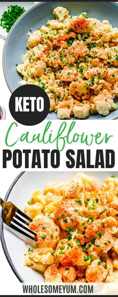 keto cauliflower potato salad on a white plate with the title in the middle