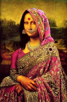 a painting of a woman wearing a pink sari and nose ring with an ornate head piece