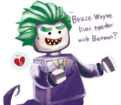 a drawing of a cartoon character with green hair and an apple in the background that says bruce wayne lives together with batman?