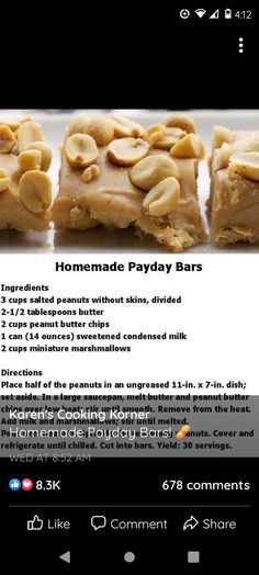 the recipe for homemade payday bars is shown in white and black text, with almonds on top